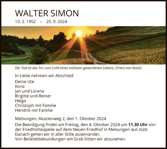 Todesanzeige von Walter Simon von HNA