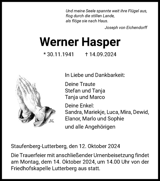 Todesanzeige von Werner Hasper von HNA