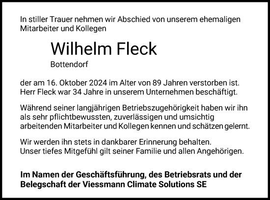 Todesanzeige von Wilhelm Fleck von HNA