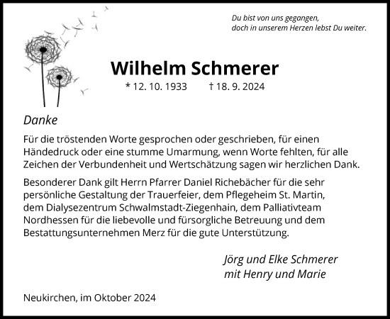 Todesanzeige von Wilhelm Schmerer von HNA