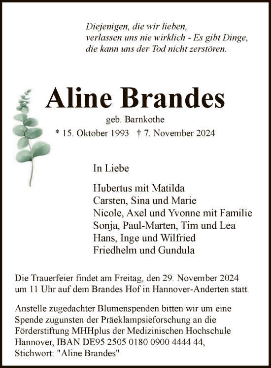 Todesanzeige von Aline Brandes von HNA
