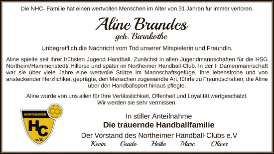 Todesanzeige von Aline Brandes von HNA