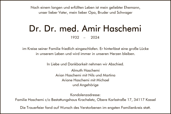 Todesanzeige von Amir Haschemi von HNA