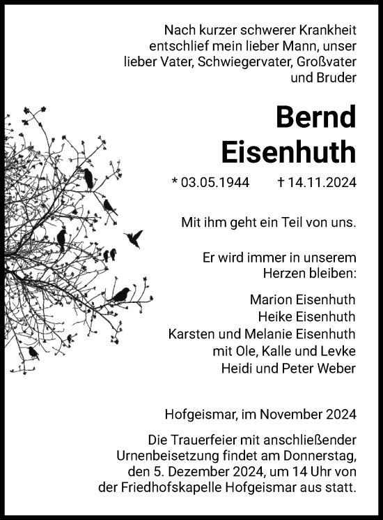 Todesanzeige von Bernd Eisenhuth von HNA