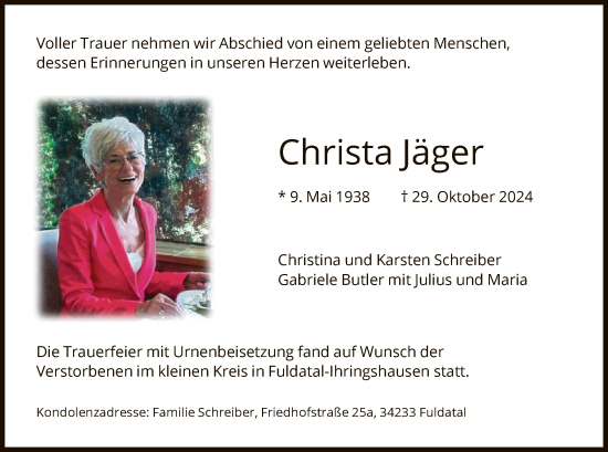 Todesanzeige von Christa Jäger von HNA
