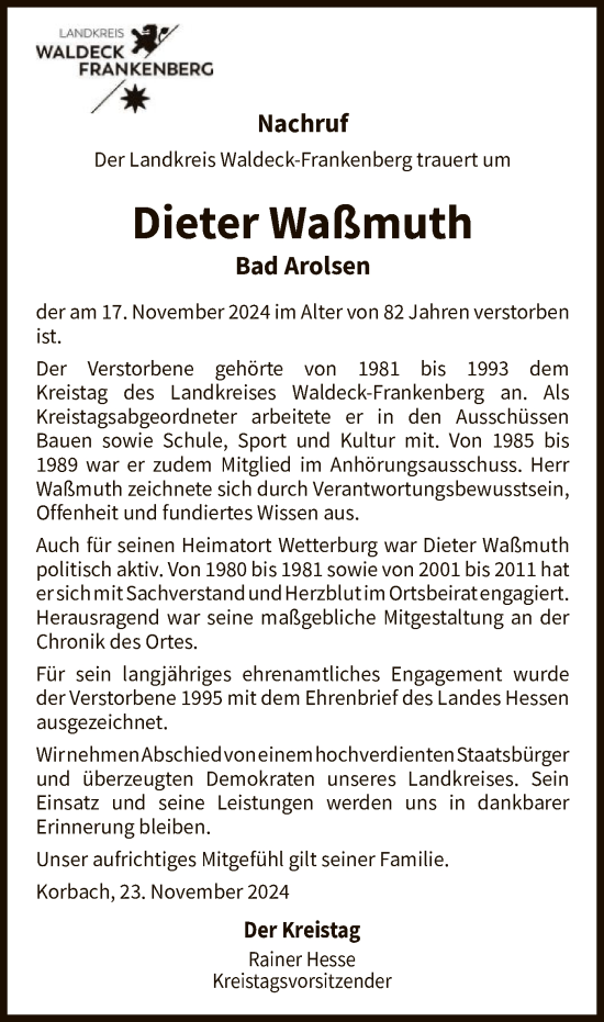 Todesanzeige von Dieter Waßmuth von WLZHNA