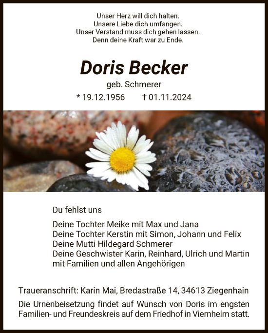 Todesanzeige von Doris Becker von HNA