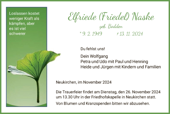 Todesanzeige von Elfriede Naske von HNA