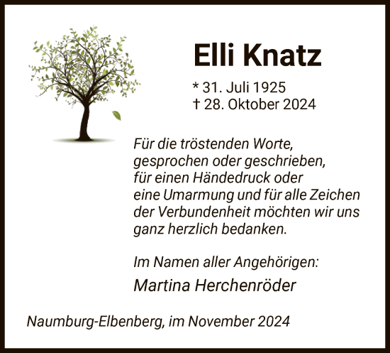 Todesanzeige von Elli Knatz von HNA