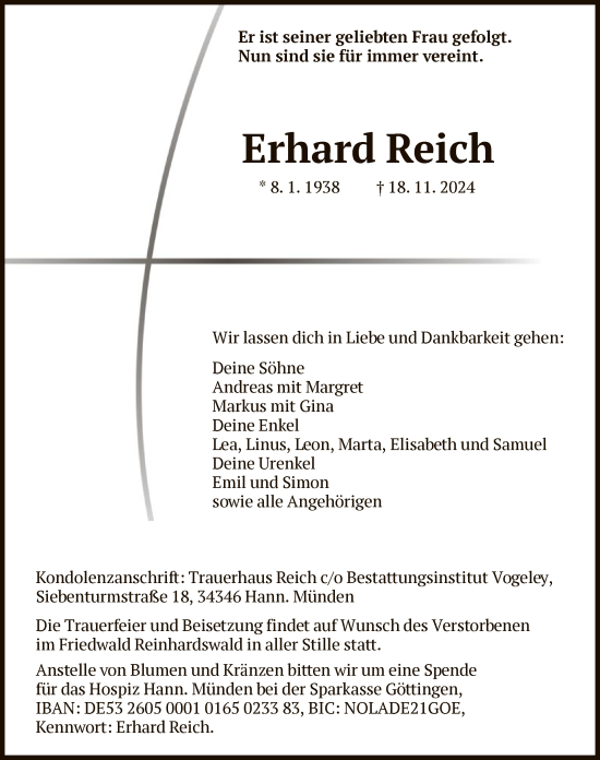 Todesanzeige von Erhard Reich von HNA