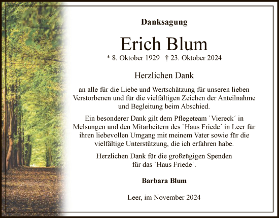 Todesanzeige von Erich Blum von HNA