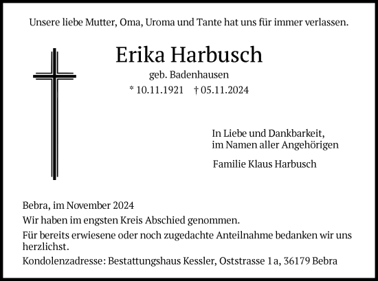 Todesanzeige von Erika Harbusch von HNA
