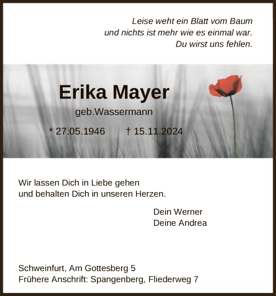 Todesanzeige von Erika Mayer von HNA