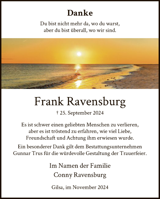 Todesanzeige von Frank Ravensburg von HNA