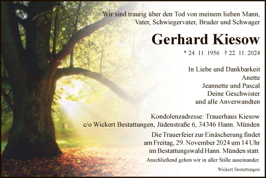 Todesanzeige von Gerhard Kiesow von HNA