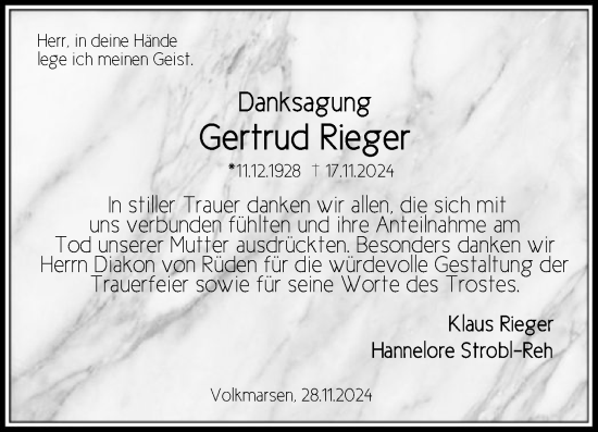 Todesanzeige von Gertrud Rieger von HNA