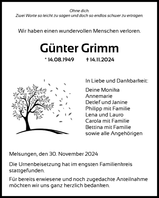 Todesanzeige von Günter Grimm von HNA