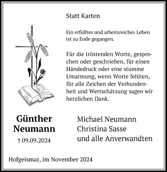 Todesanzeige von Günther Neumann von HNA