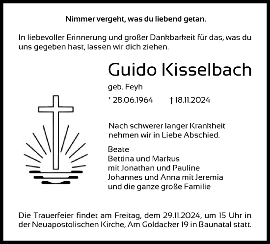Todesanzeige von Guido Kisselbach von HNA