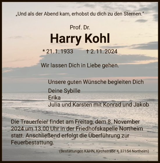 Todesanzeige von Harry Kohl von HNA