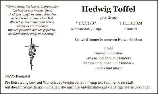 Todesanzeige von Hedwig Toffel von HNA