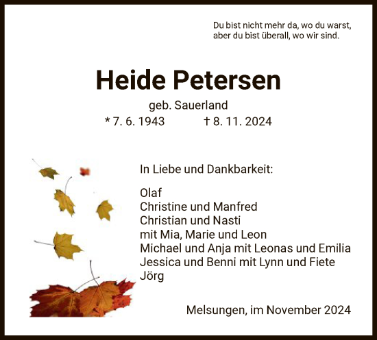 Todesanzeige von Heide Petersen von HNAHNA