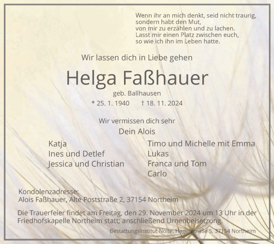 Todesanzeige von Helga Faßhauer von HNA