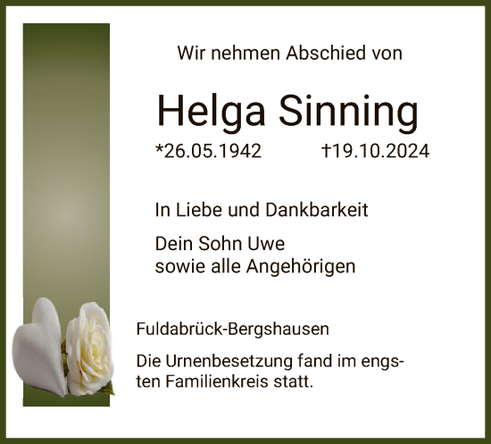 Todesanzeige von Helga Sinning von HNA