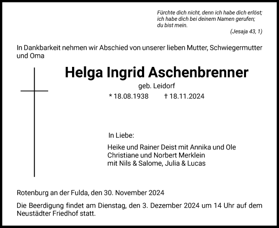 Todesanzeige von Helga Ingrid Aschenbrenner von HNA