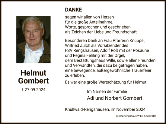 Todesanzeige von Helmut Gombert von HNA