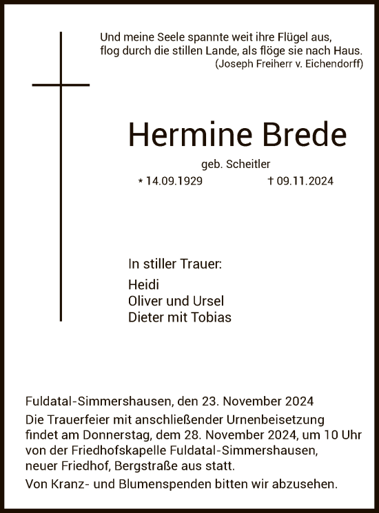 Todesanzeige von Hermine Brede von HNA