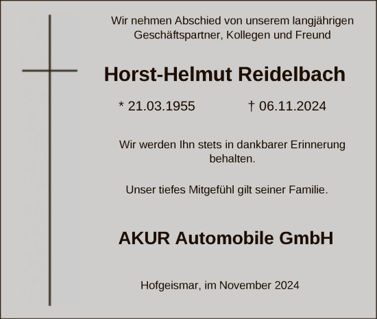 Todesanzeige von Horst-Helmut Reidelbach von HNA