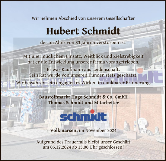 Todesanzeige von Hubert Schmidt von WLZHNA
