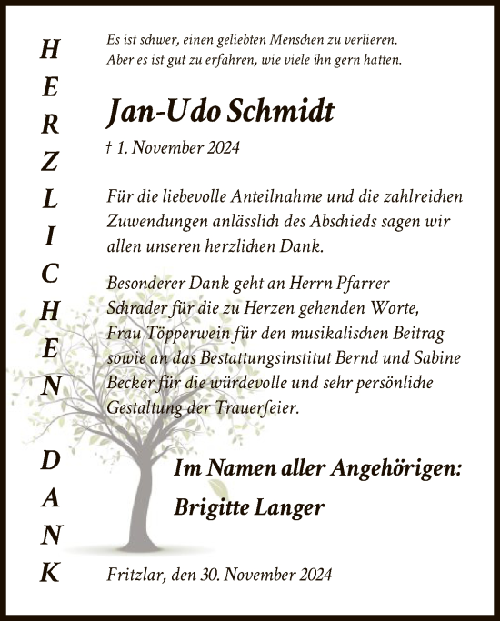 Todesanzeige von Jan-Udo Schmidt von HNA