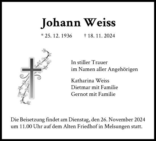 Todesanzeige von Johann Weiss von HNA