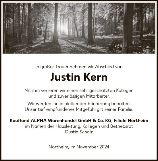 Todesanzeige von Justin Kern von HNA