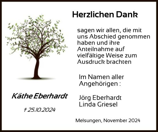 Todesanzeige von Käthe Eberhardt von HNA