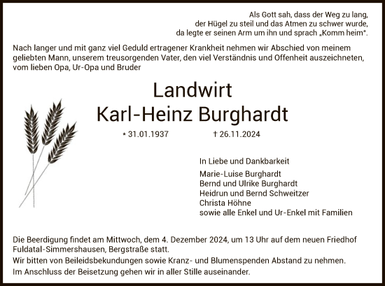 Todesanzeige von Karl-Heinz Burghardt von HNA
