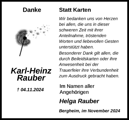 Todesanzeige von Karl-Heinz Rauber von HNA