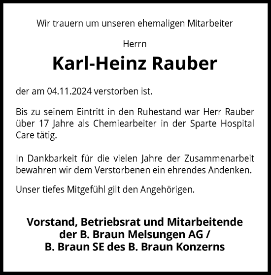 Todesanzeige von Karl-Heinz Rauber von HNA