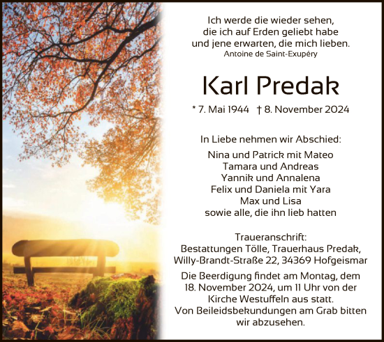 Todesanzeige von Karl Predak von HNAHNA