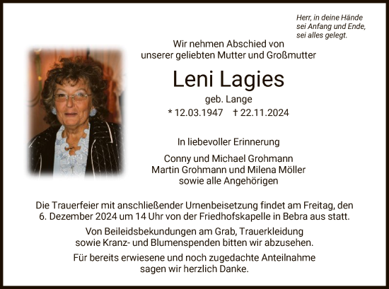 Todesanzeige von Leni Lagies von HNAHNA