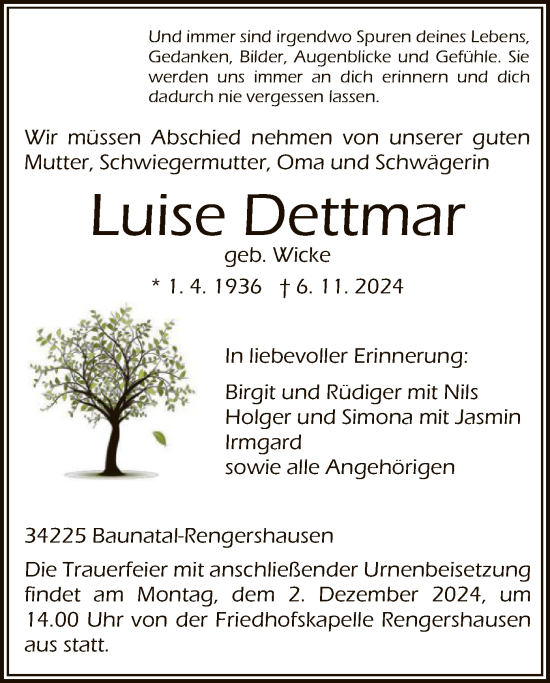 Todesanzeige von Luise Dettmar von HNA