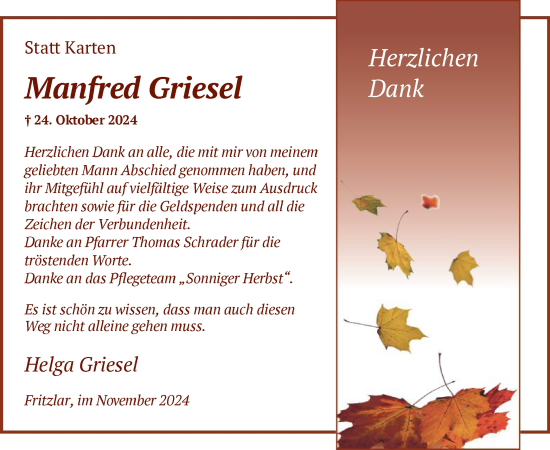 Todesanzeige von Manfred Griesel von HNA