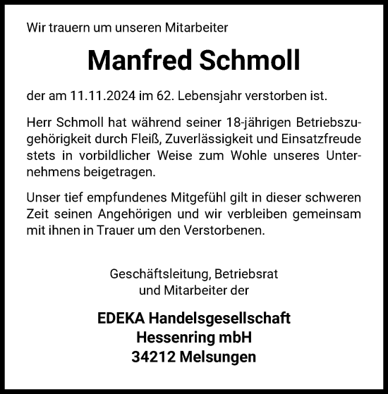 Todesanzeige von Manfred Schmoll von HNA