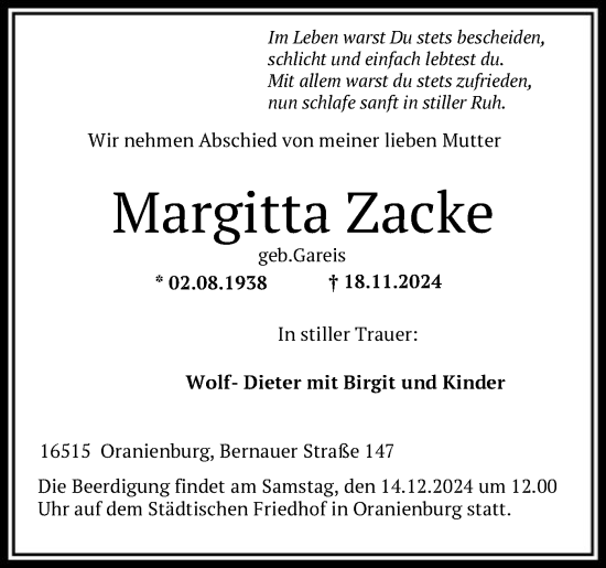 Todesanzeige von Margitta Zacke von HNA