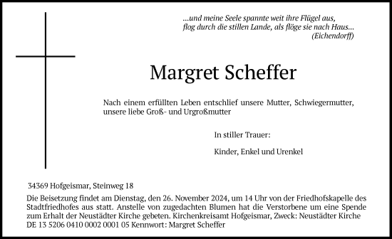 Todesanzeige von Margret Scheffer von HNA
