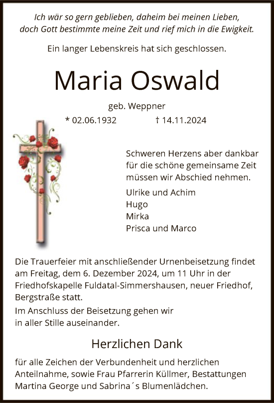 Todesanzeige von Maria Oswald von HNA