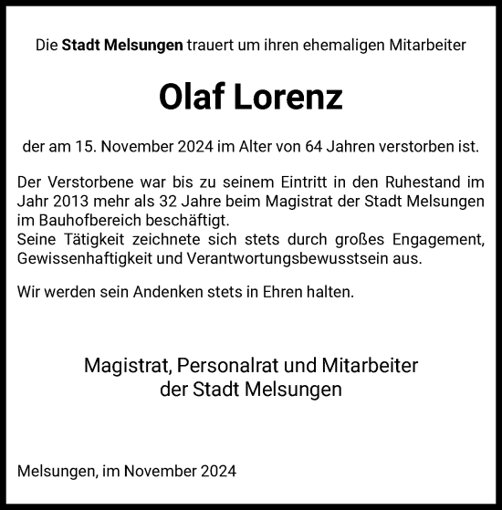 Todesanzeige von Olaf Lorenz von HNA