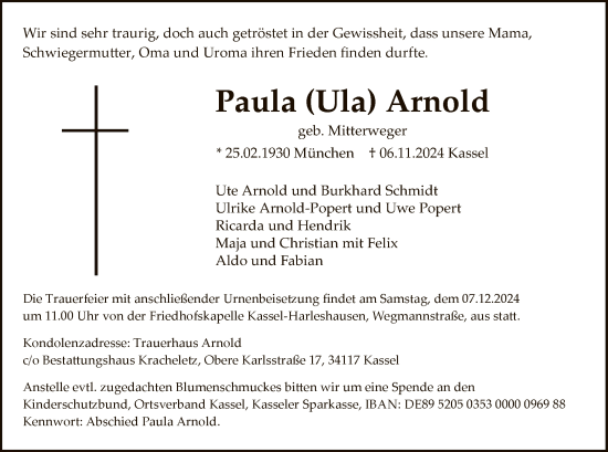 Todesanzeige von Paula  Arnold von HNA